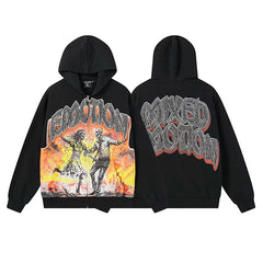 MIXED EMOTION Fire Skeleton Graphic Rhinestone Zip-Up Hoodie – Black Oversized Y2K Jacket
