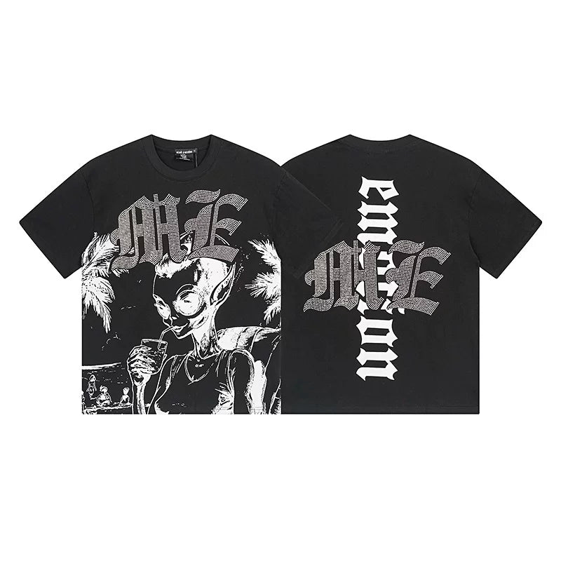 MIXED EMOTION Alien Beach Graphic Short Sleeve T-Shirt - Black / White