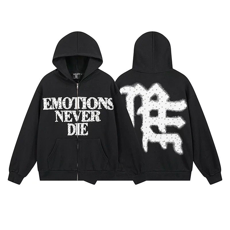 MIXED EMOTION "Emotions Never Die" Rhinestone Zip-Up Hoodie – Black Oversized Y2K Graphic Jacket