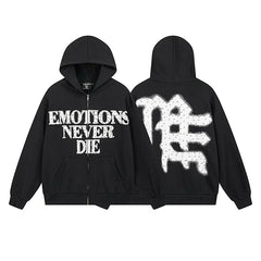 MIXED EMOTION "Emotions Never Die" Rhinestone Zip-Up Hoodie – Black Oversized Y2K Graphic Jacket