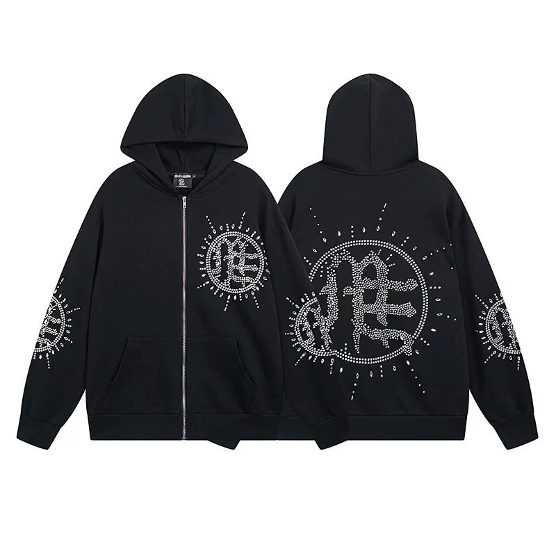MIXED EMOTION Sunburst Rhinestone Zip-Up Hoodie – Black Oversized Y2K Graphic Jacket