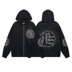 MIXED EMOTION Sunburst Rhinestone Zip-Up Hoodie – Black Oversized Y2K Graphic Jacket