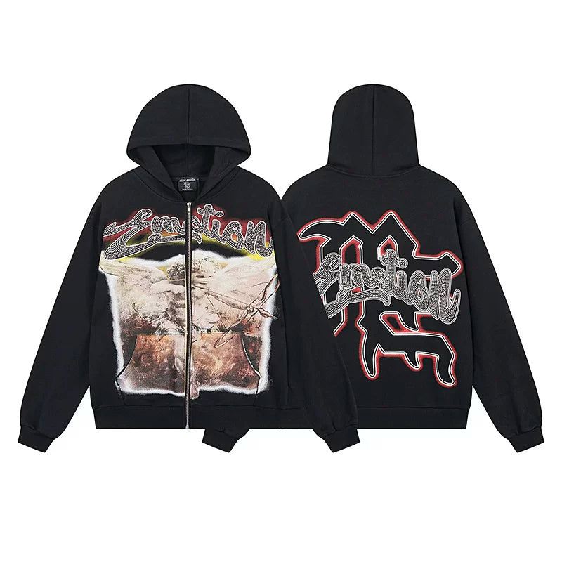 MIXED EMOTION Angel Rhinestone Zip-Up Hoodie – Black Oversized Y2K Graphic Jacket