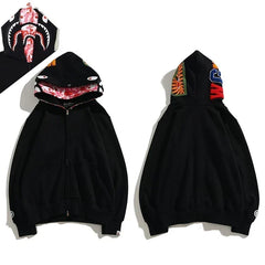 BAPE Style Solid Black Shark Full-Zip Hoodie - Camo Interior