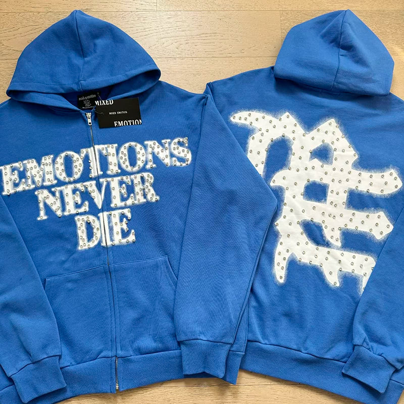 MIXED EMOTION "Emotions Never Die" Rhinestone Zip-Up Hoodie – Royal Blue Oversized Y2K Graphic Jacket