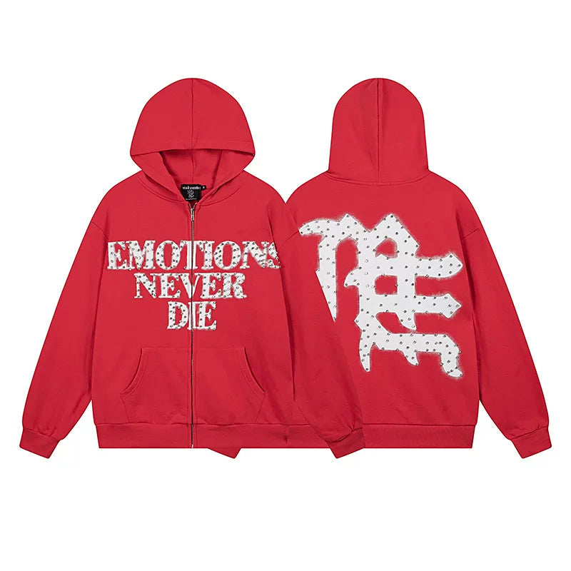 MIXED EMOTION "Emotions Never Die" Rhinestone Zip-Up Hoodie – Red Oversized Y2K Graphic Jacket