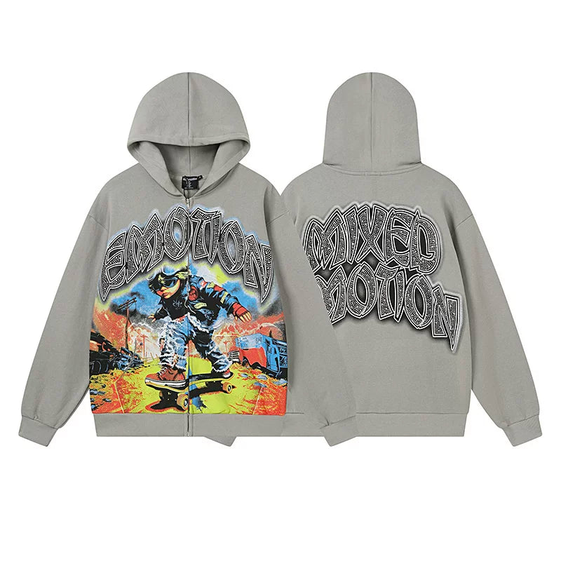 MIXED EMOTION Skater Apocalypse Graphic Rhinestone Zip-Up Hoodie – Grey Oversized Y2K Jacket